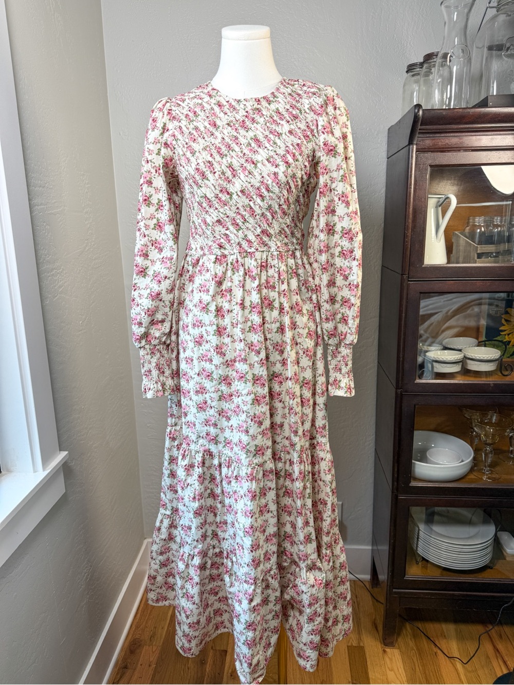 Peach Love California Floral Smocked Maxi Dress Cottagecore Prairie Size S